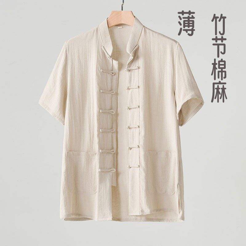 夏季唐装男竹节棉麻薄款短袖上衣中式复古休闲男装中国风禅修茶服