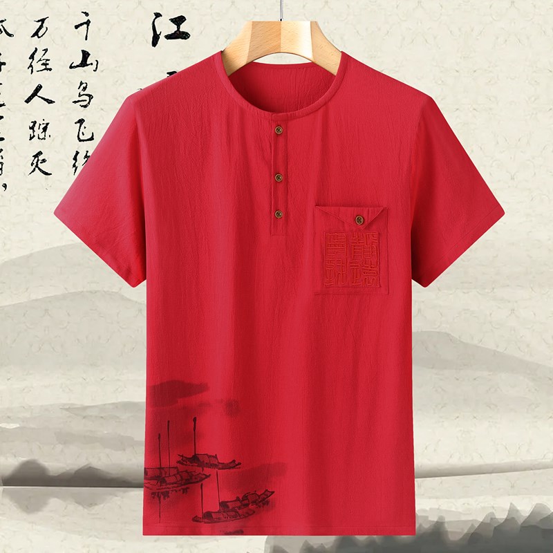 夏季全棉中老年男短袖爷爷爸爸衬衫汉服真口袋红色Tt恤衫唐装上衣