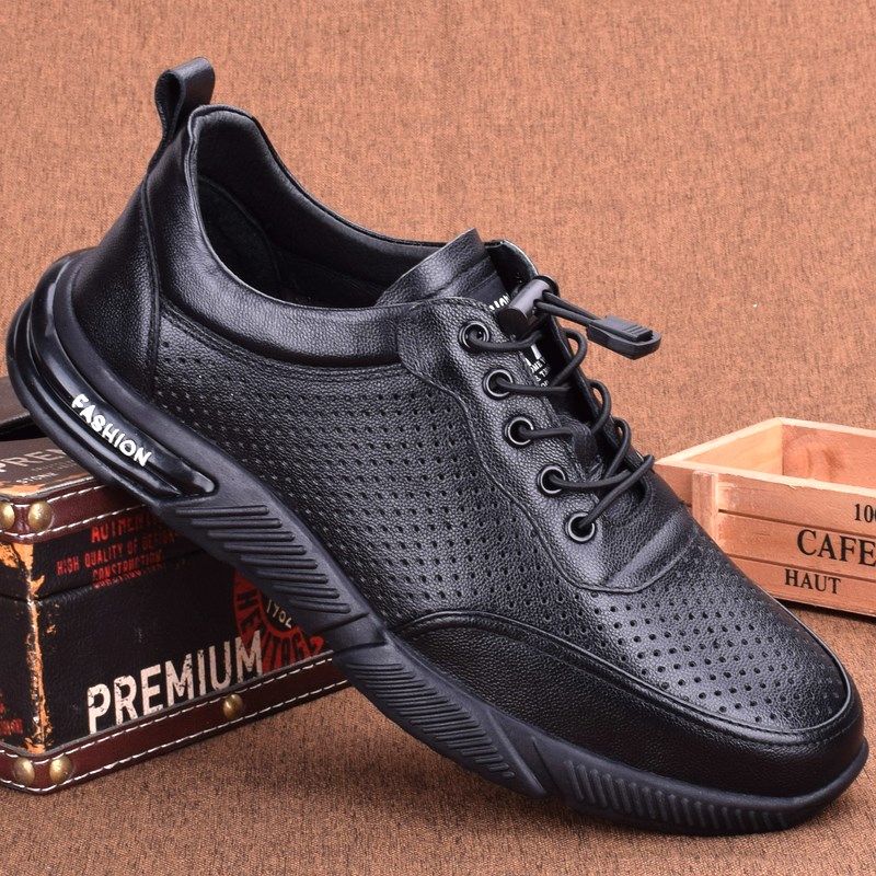 外贸牛皮运动皮鞋男真皮2025夏季镂空男士休闲鞋透气软底打孔男鞋