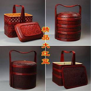 9WOR手工竹编篮子手提篮圆形结婚食盒双层三层精品提篮红色喜篮婚