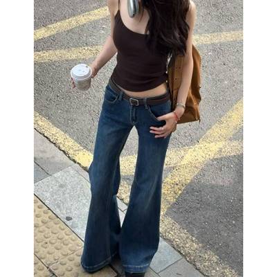 美式覆古低腰微喇牛仔裤女2025夏季新款阔腿喇叭不贴腿拖地小个子