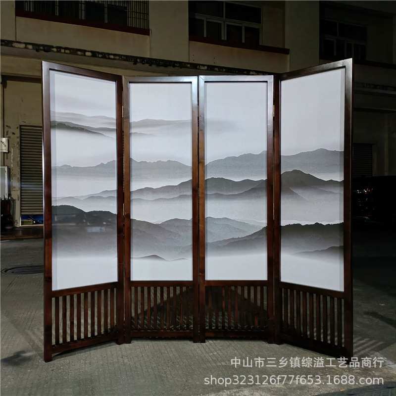松木边框打印半透明绢画山水屏风厅会议室客厅背景隔断可移动折屏