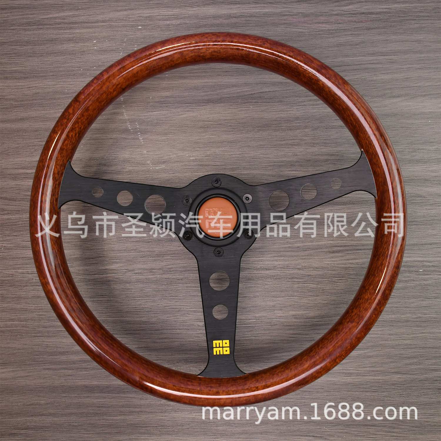 复古木质平盘350毫米方向盘14英寸经典木纹跑车方向盘6螺栓黑辐条