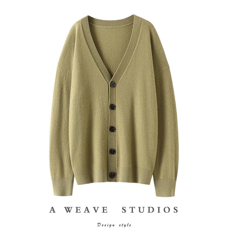 自在简括~随性舒适V领羊绒开衫女纯羊绒毛衣针织开衫外套宽松秋冬