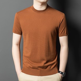 【60支】高密薄款半高领短袖羊绒衫男半袖中领羊毛衫针织毛衣亲肤