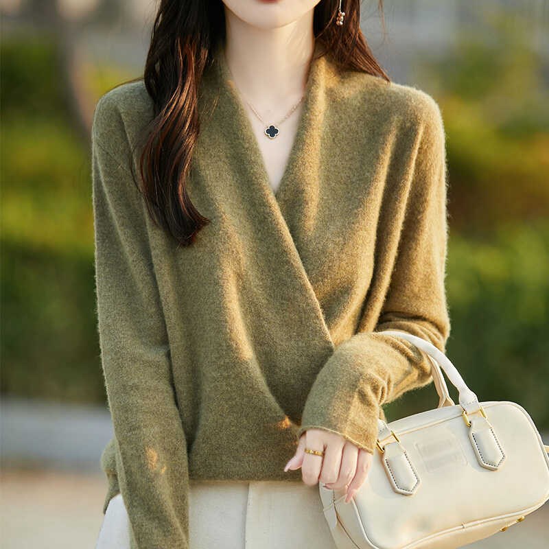 秋冬交叉V领100%纯羊绒衫女百搭长袖针织毛衣宽松羊毛衫和服上衣