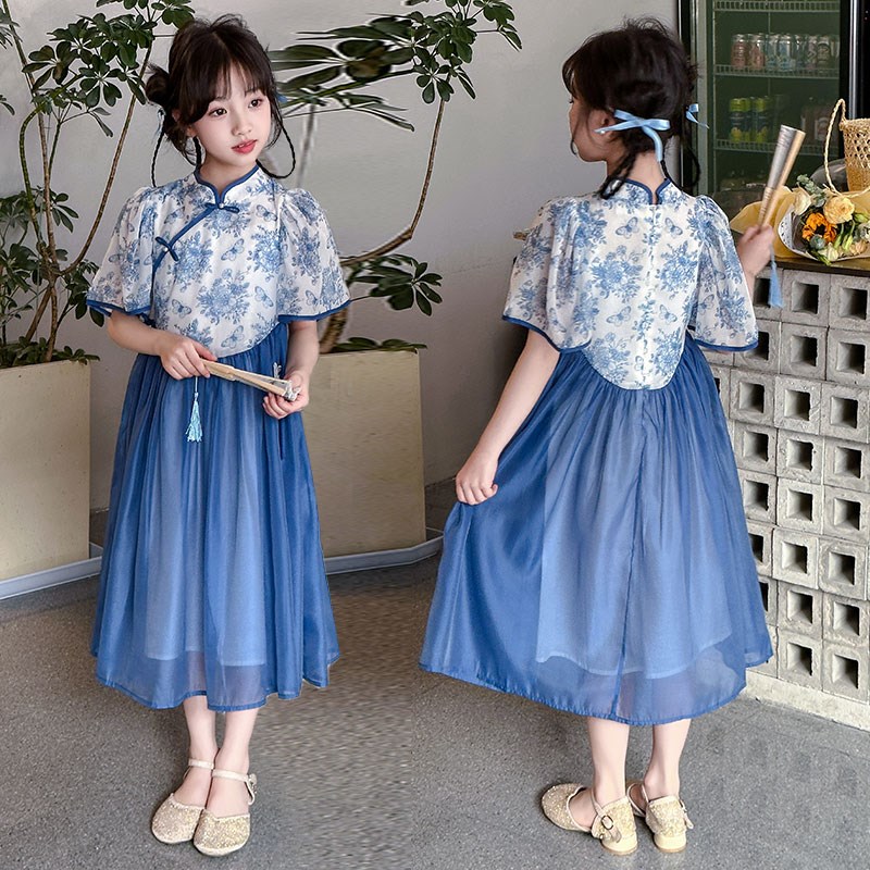 女童连衣裙夏季新款中国风青花瓷旗袍裙子女孩洋气拼接裙子表演服
