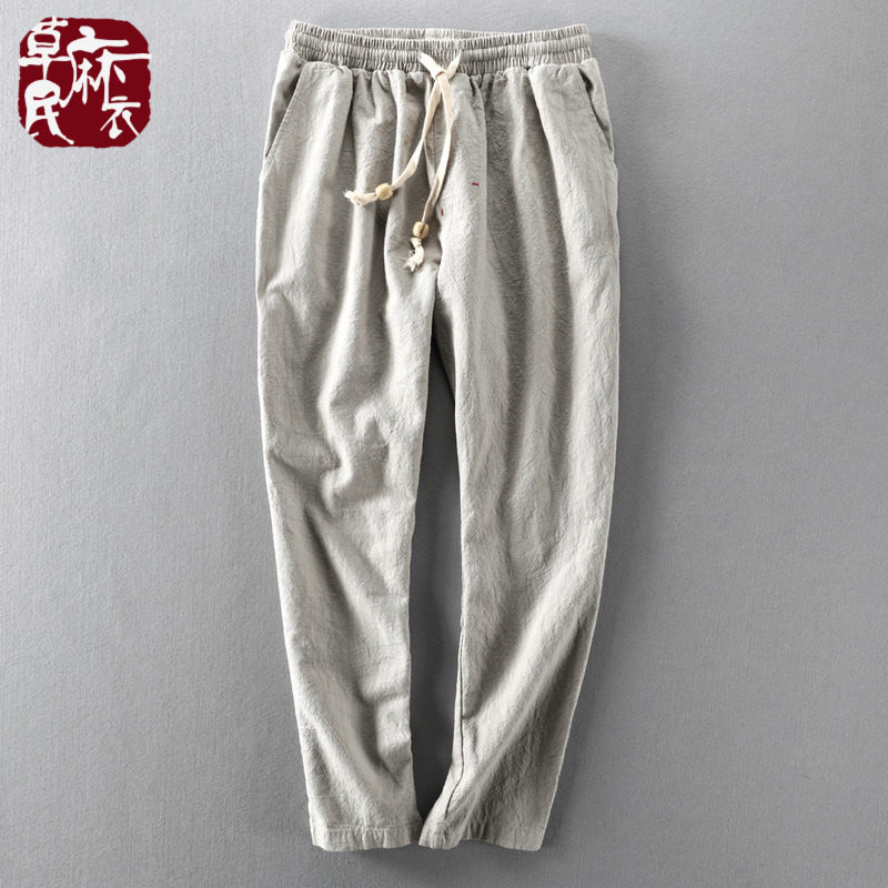 男士亚麻九分裤夏天棉麻布直筒阔腿裤薄款宽松紧带工装休闲长裤子图片