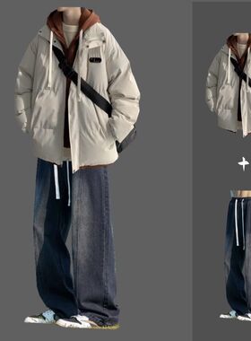 冬季加厚棉服青少年面包服潮流休闲套装男款假两件保暖棉衣外套