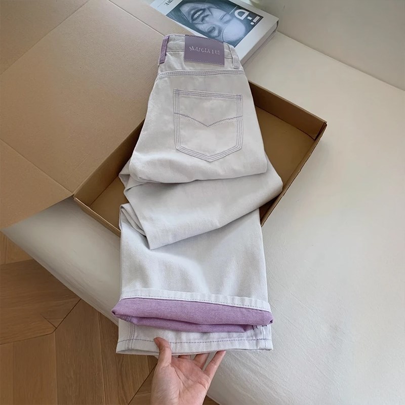 设计感撞色卷边阔腿牛仔裤女夏季新款大码梨形身材宽松显瘦直筒裤