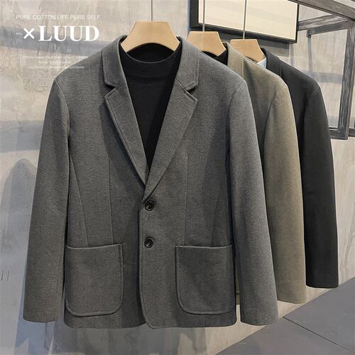 LUUD 2023冬季保暖毛呢西服潮男纯色休闲复古夹克单排扣西装外套
