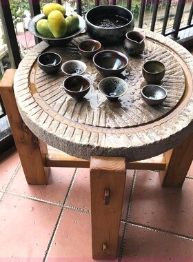 石磨茶盘围炉煮茶茶台桌子老磨盘旧石器茶托茶具木架磨片石桌石凳