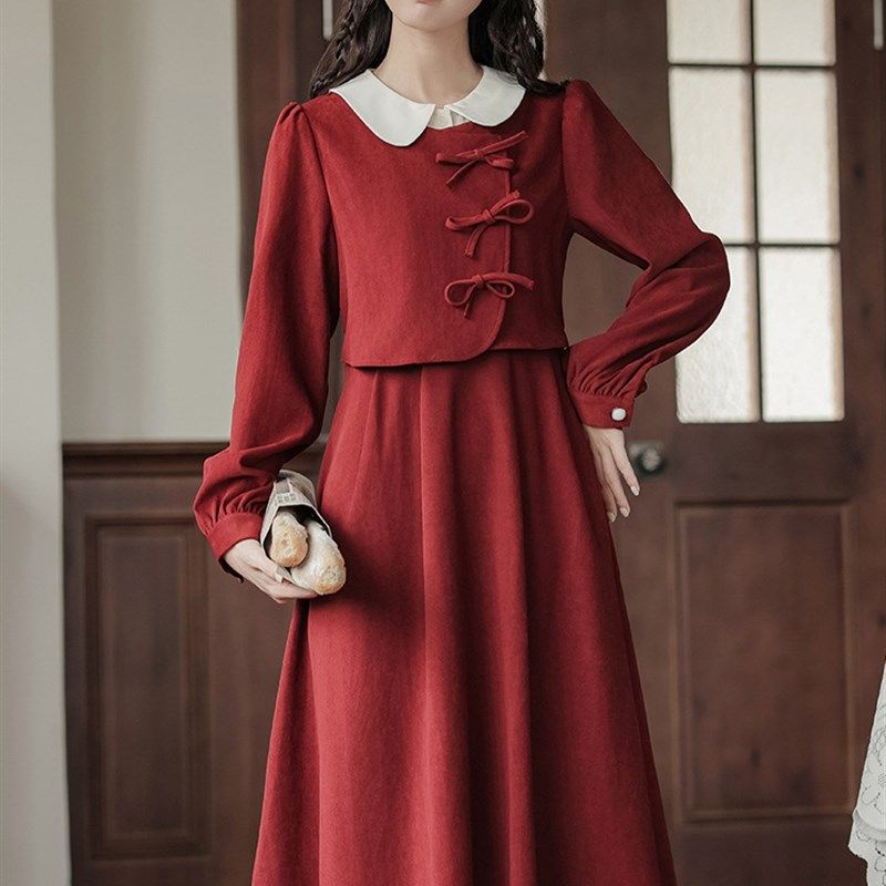 高货2024秋冬复古少女感酒红色连衣裙 新中式假两件新娘敬酒服礼