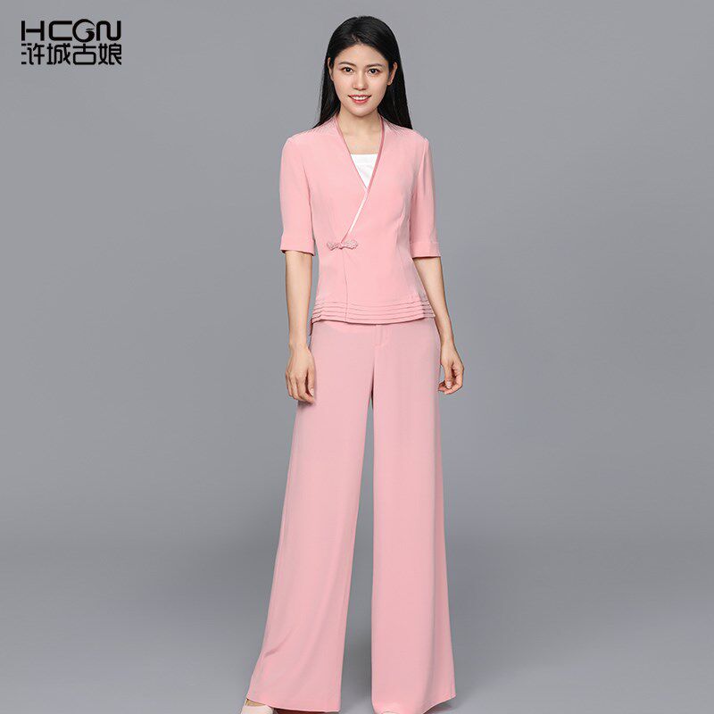 国风复古风醋酸缎套装V领显瘦舒适柔顺上衣阔腿裤气质优雅两件套