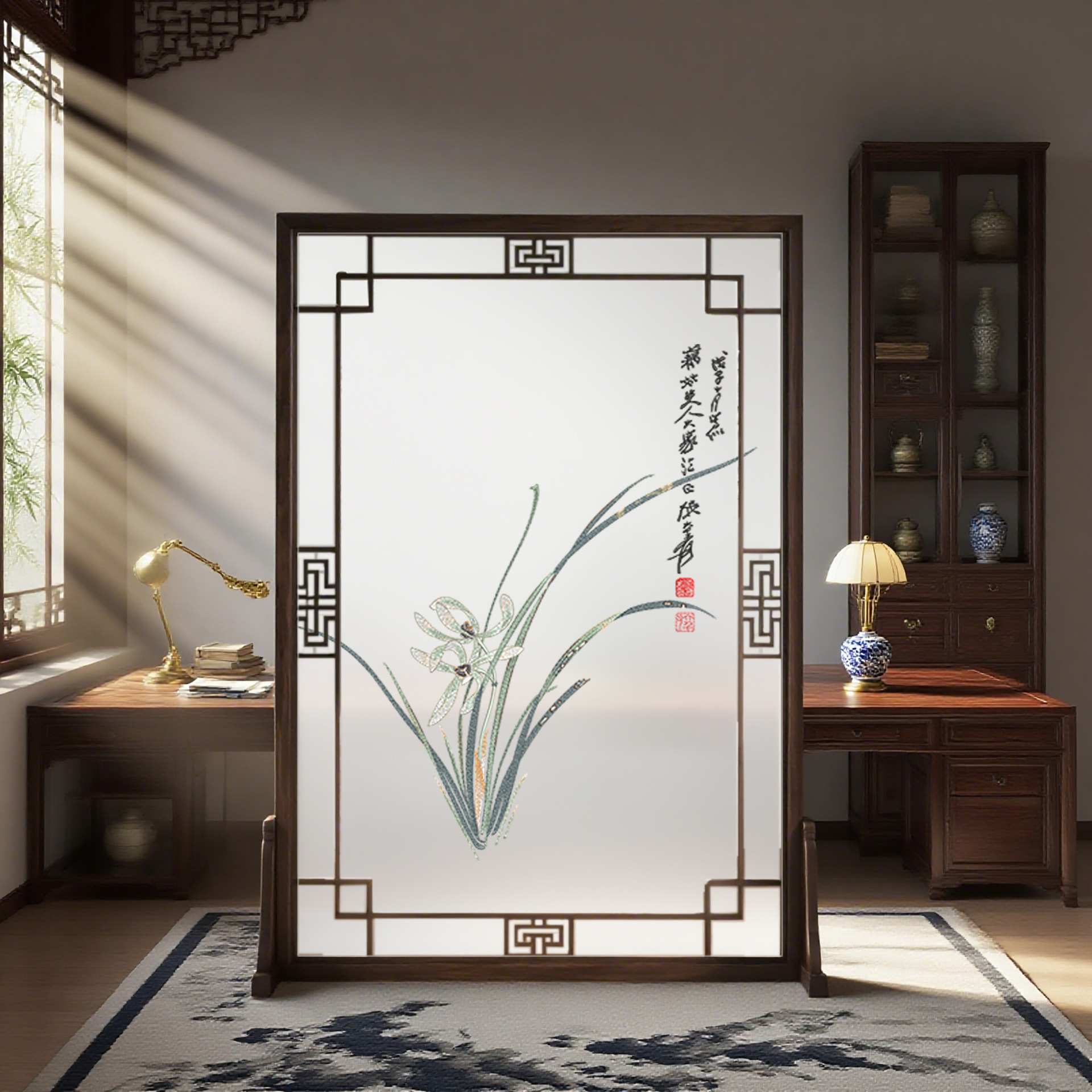 半透明纱布画实木花格入户玄关隔断茶室展厅书房兰花双面刺绣屏风