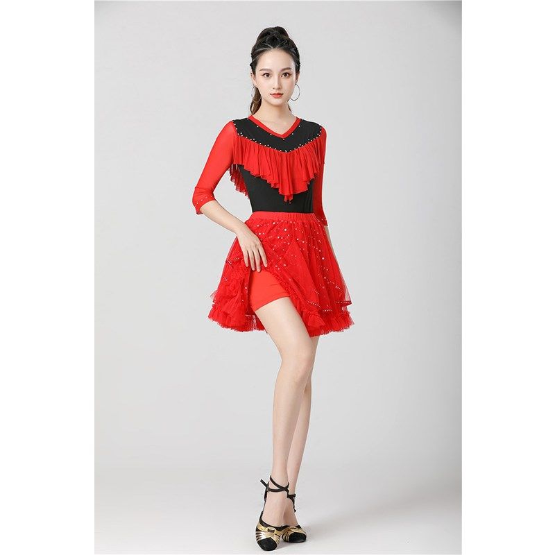 舞蹈上衣新款长袖广场舞服装女三步踩时尚荷叶边镶钻舞蹈服