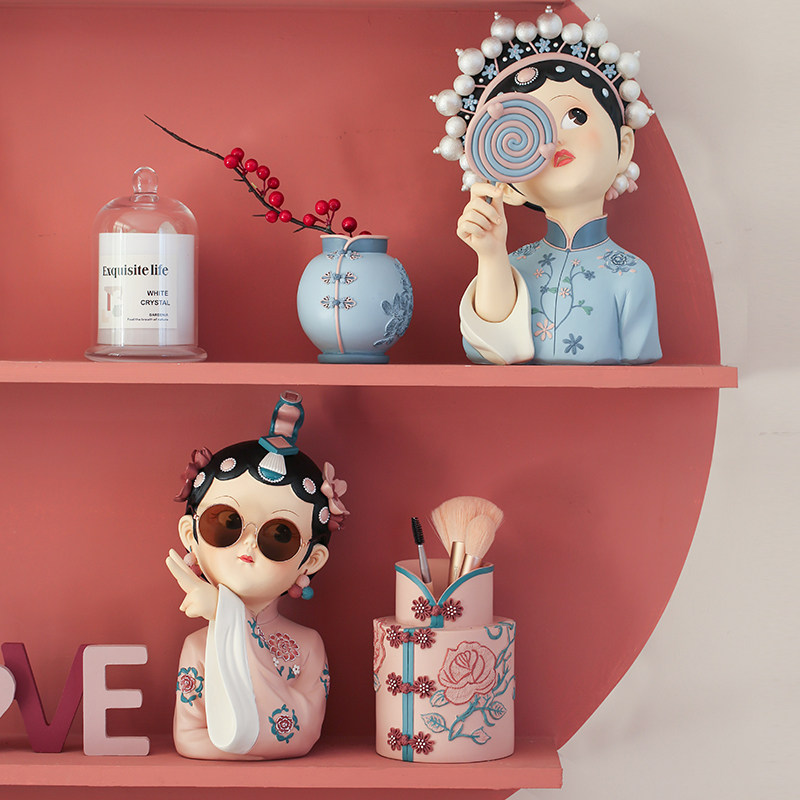 国潮京剧女孩旗袍花瓶摆件客厅插花干花餐桌装饰品电视柜酒柜玄关