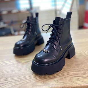 英伦风短靴2023秋冬新款 真皮松糕厚底女靴胎牛皮圆头绑带马丁靴女