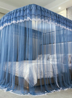 U型伸缩蚊帐三开门加粗落地支架家用加密加厚纹账免打U孔88529-宝