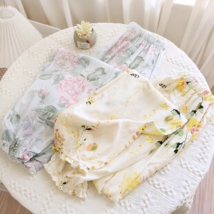 新款睡衣短裤女棉绸家居s睡裤薄款居家长裤人造棉加大码可外穿裤