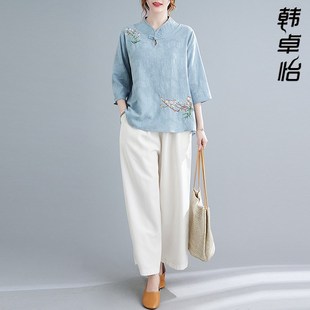女士中年妈妈装 亚麻上衣时尚 2025新款 中国风女装 夏装 棉麻女套装