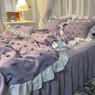 公主风球球被套双人床裙款四件套少女心紫色床P单被罩单人床三件