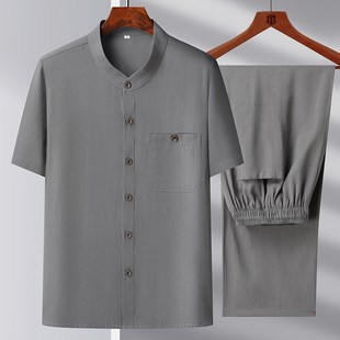 棉麻短袖 爷爷衣服中国风男装 唐装 宽松中式 男中老年人套装 爸爸夏装