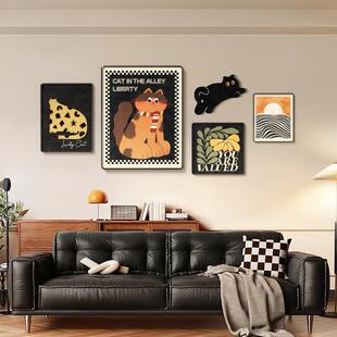 中古风装饰画客厅沙发背景墙卡通动物复古壁画多巴胺组合挂画猫咪