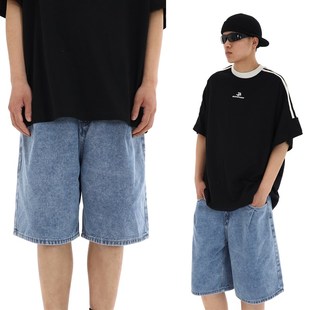 街头休闲五分裤 经典 宽松直筒拉链中裤 男夏季 潮流复古水洗牛仔短裤