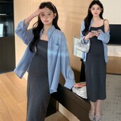 孕妇春装 衬衣两件 显瘦灰色吊带长裙防晒开衫 连c衣裙时尚 洋气修身