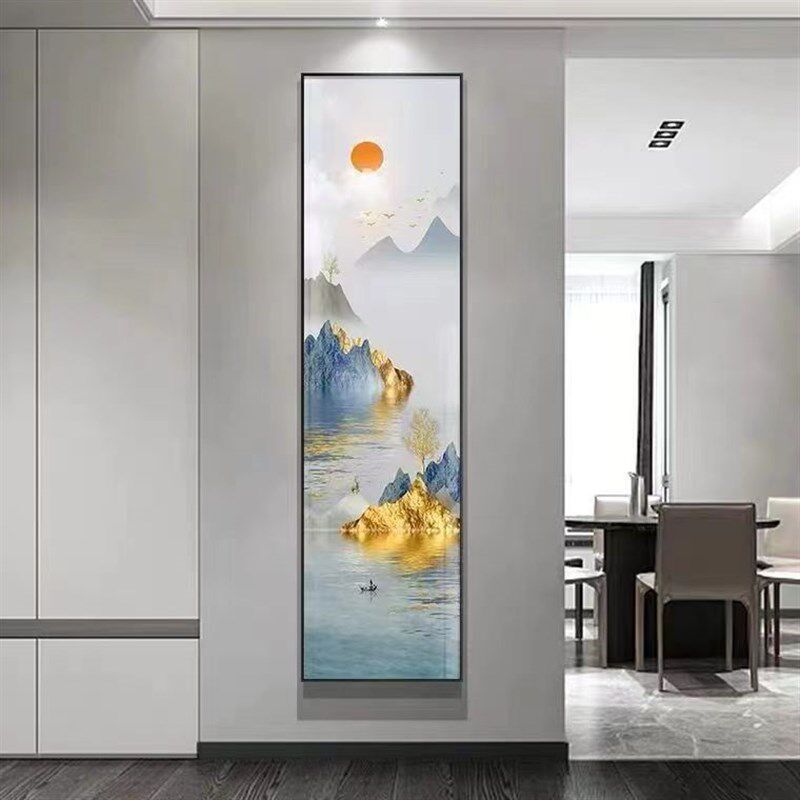 新中式窄长条玄关装饰画五福临门过道走廊客厅细柱画茶社竖版挂画