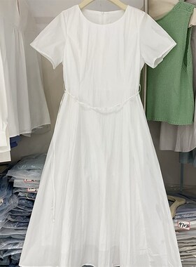 2025夏款韩系圆领短袖纯色连衣裙休闲减龄系带显瘦大摆长裙89983