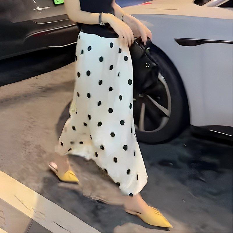 法式白色醋酸缎面波点鱼尾半身长裙女夏小个子气质高腰修身包臀裙