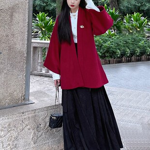 改良汉服毛呢大衣外套女冬季宋制中长款对襟呢子大衣显瘦日常马面