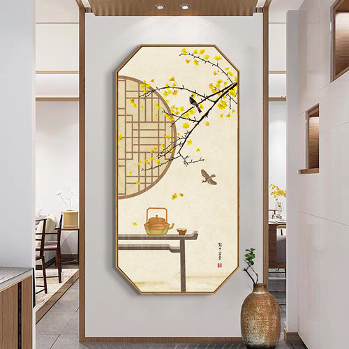 中国风玄关装饰画新中式古风走廊挂画茶室背景客厅八边Z形风景壁