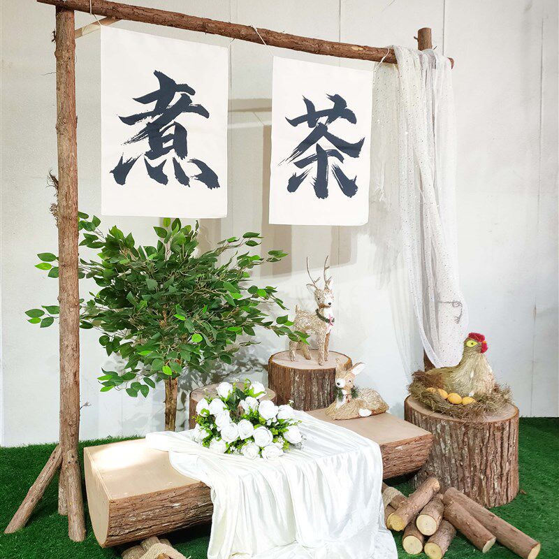 露营主题装饰布景道具橱窗转角走廊展厅特色展示布展半圆木桩材料