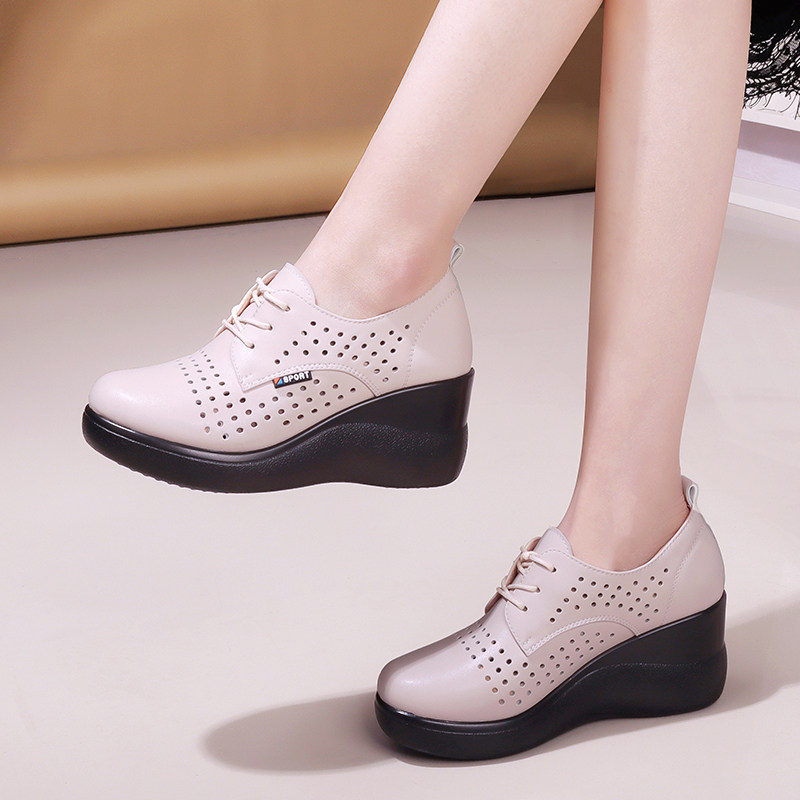 春秋新品坡跟洞洞凉鞋休闲防滑松糕摇摇单鞋真皮深口圆头系带女鞋,女鞋,洞洞鞋,淘宝优惠券,粉丝福利购,淘宝优惠卷