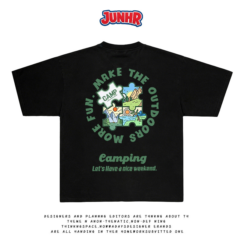 JUNGR 夏季新款拼图世界艺术家卡通印花重磅纯棉短袖T恤趣味