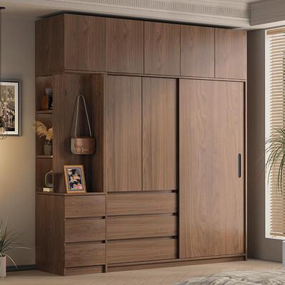 全实木简约推拉门家用卧室衣柜胡桃色成品移门衣橱柜工厂直销收纳