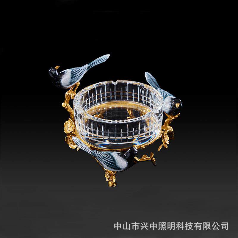 欧式高档奢华办公室烟灰缸全铜水晶客厅茶几烟缸创意轻奢喜鹊烟碟
