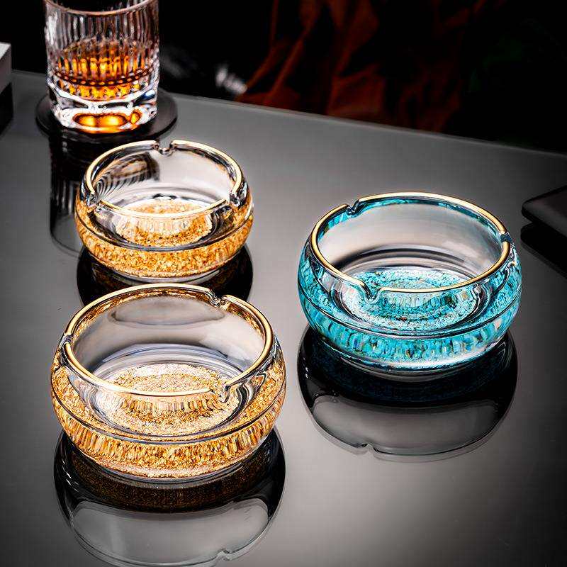 奢华客厅水晶烟灰缸家用高档金箔玻璃烟缸办公室茶几烟盅男生烟碟