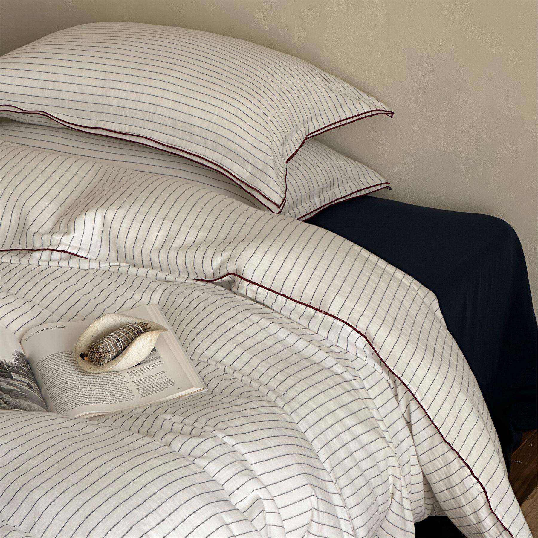 日式复古条纹全棉色织水洗双层纱四件套简约双层密拷边被套民宿