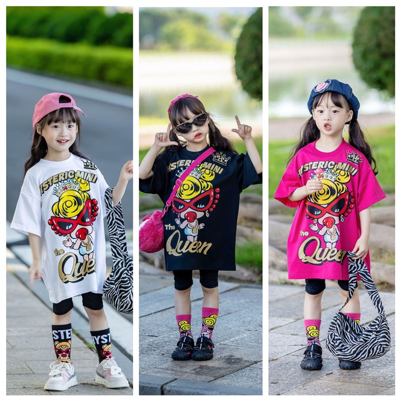 亲子款黑超奶嘴童装日系女宝宝中长款短袖T恤儿童夏季宽松连身裙