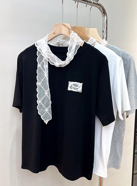 必魅大码蕾丝拼接短袖T恤2025春夏新款遮肉显瘦体恤女装202523