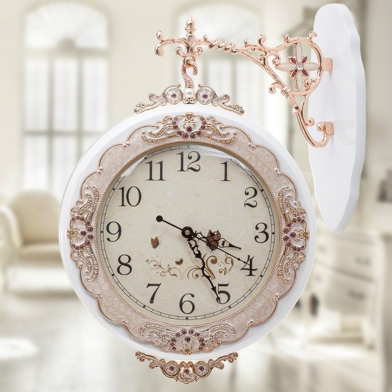 欧式双面挂钟客厅创意艺术两面装饰实木现代壁钟表静音大挂表
