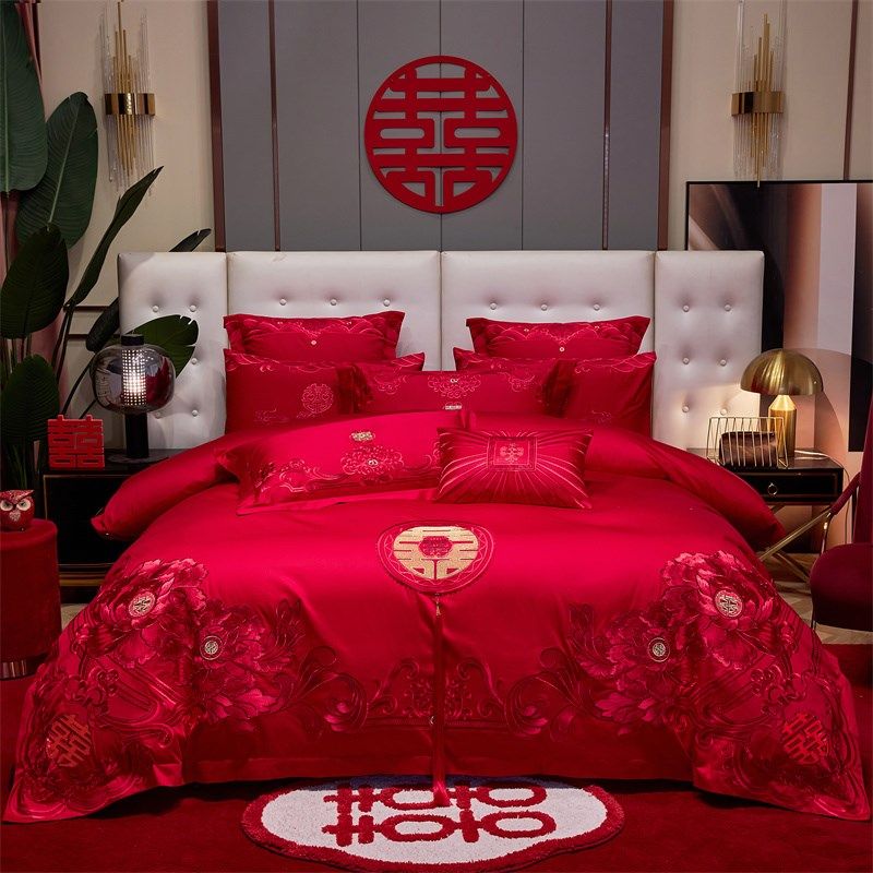 100全棉纯棉婚庆四件套结婚y陪嫁床单被套刺绣婚房红色喜被六八十,床上用品,婚庆床品套件,淘宝优惠券,粉丝福利购,淘宝优惠卷