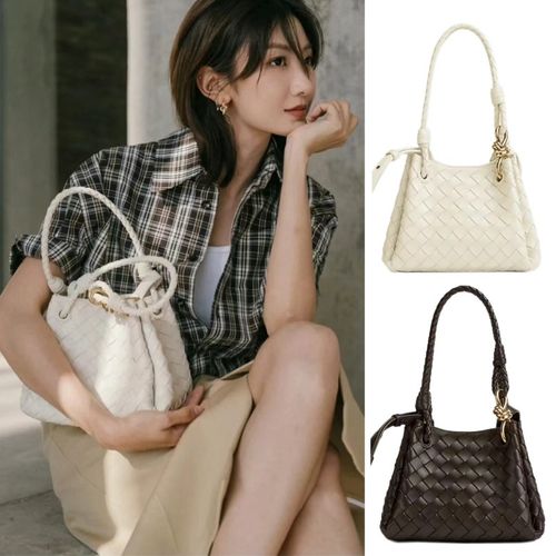 真皮手提编织菜篮子包女2024新款夏天小众单肩斜挎降落伞水桶包女