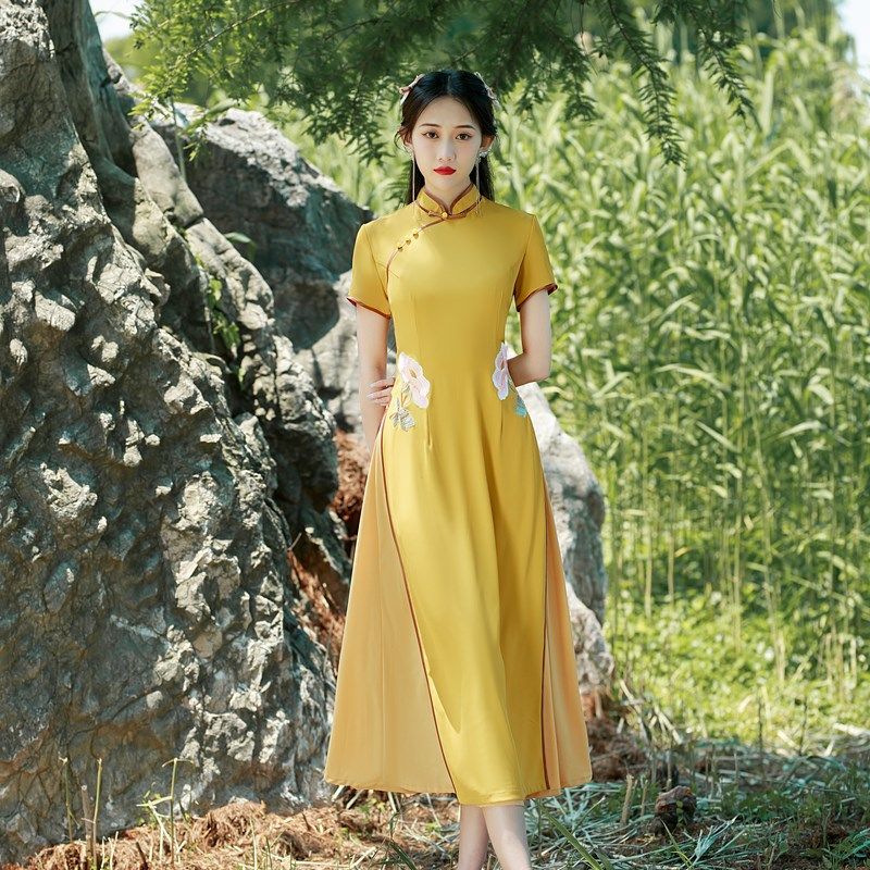 2022新款中式禅意茶服奥戴改良年轻款旗袍连衣裙女中国风绣花复古