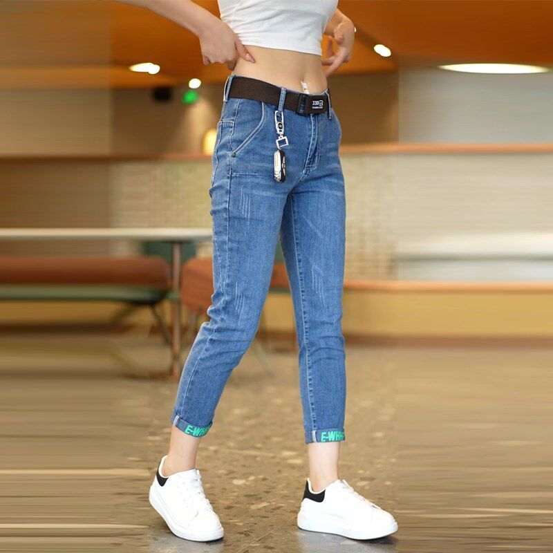 新款九分牛仔裤修身小脚潮流韩版小直筒9分裤男士修身裤子浅蓝色