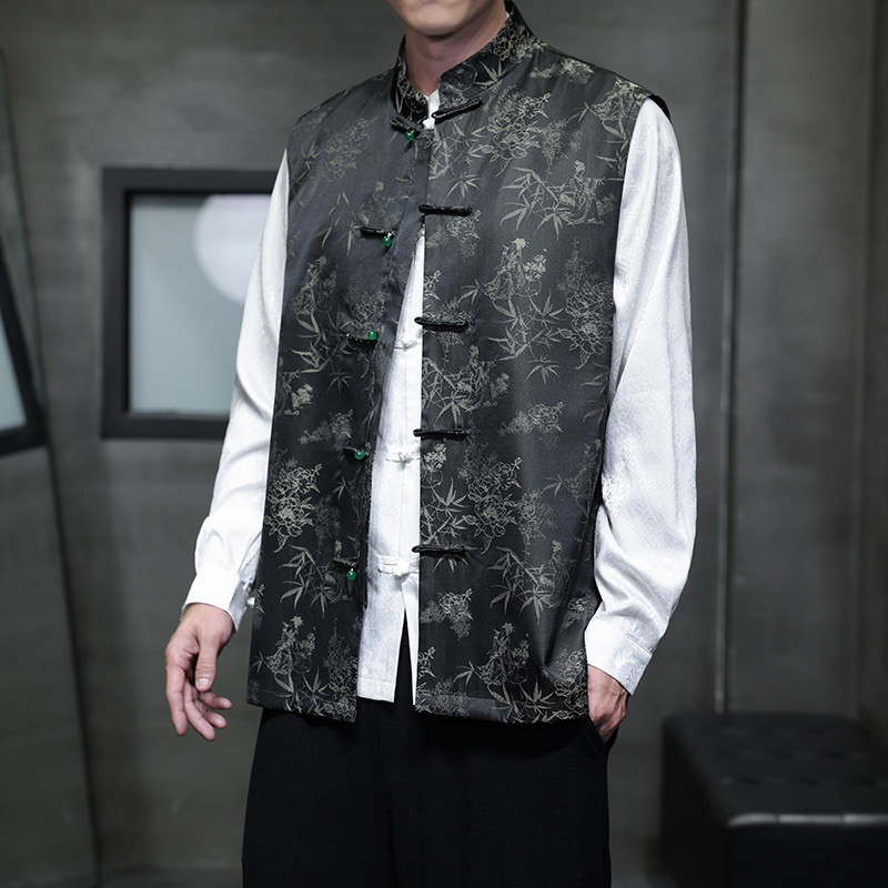 新中式马甲男春秋季男士背心坎肩中国风提花盘扣上衣改良唐装汉服